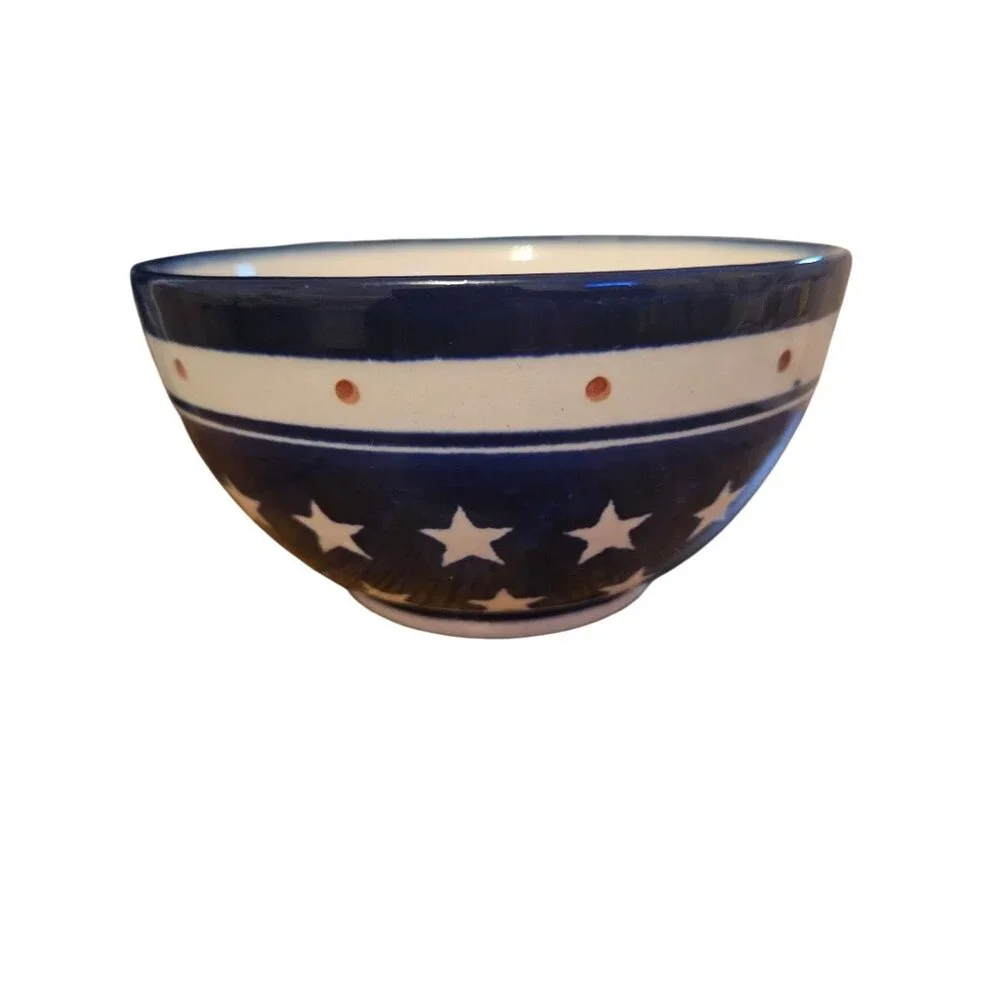 Handmade Boleslawiec Polish Pottery Small Bowl Blue Stars Pattern 5" Diameter - Picture 2 of 4